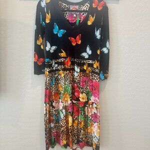 Johnny Was Sandra Multicolor Butterflies Floral Tiered V-Neck Dress 3/4 Sleeve